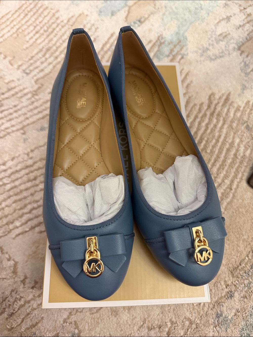 Michael Kors Blue Honey Ballet Flats with Gold MK Charm